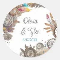 Floral Steampunk Wedding Date and Names Classic Round Sticker