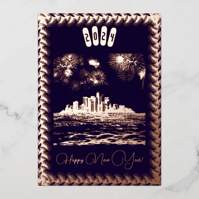 City skyline and fireworks gold - happy new year foil invitation