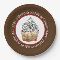 Happy Birthday Cartoon Vanilla Cupcake     Paper Plates