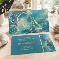 Teal Blue Abstract Marble and Gold Sprinkles  Foil Business Cards