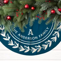 Monogram Wreath Striped Modern Navy Christmas Brushed Polyester Tree Skirt