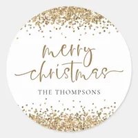 Glam Gold Glitter Name Merry Christmas  Classic Round Sticker