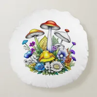 Whimsical Magical Mushrooms and Flowers Round Pillow