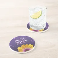 Elegant Golden Daisy with Purple Glitter Wedding Coaster