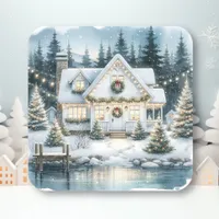 Pretty Festive House on a Frozen Lake Christmas Square Sticker