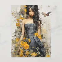 A beautiful Woman with long hair yellow flowers Postcard