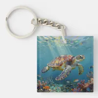 A Sea Turtle and Sun Rays in the Ocean Blue Keychain