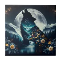 Howling Wolf | Full Moon Ai Art Ceramic Tile