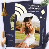 Navy Blue Rainbow Arch And Stars Graduation Foil Invitation