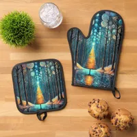 Iridescent Holiday Dream 🎄 Glowing Christmas Tree Oven Mitt & Pot Holder Set