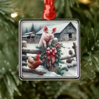 Cute Pig and Chicken Christmas Farm   Metal Ornament