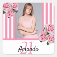 Pink white stripes florals photo birthday square sticker