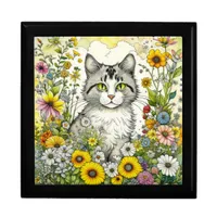 Gray Kitty Cat Sitting in Flowers  Gift Box