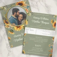 Sunflower Sage Green Photo Wedding With RSVP Invitation