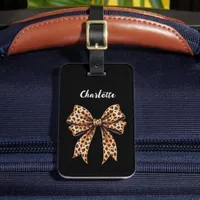 Black leopard print bow name script luggage tag