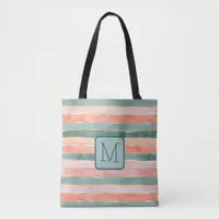 Wide Watercolor Stripes Teals Color Block Monogram Tote Bag