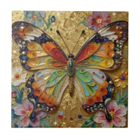 Beautiful Impasto Butterfly and Flowers   Ceramic Tile
