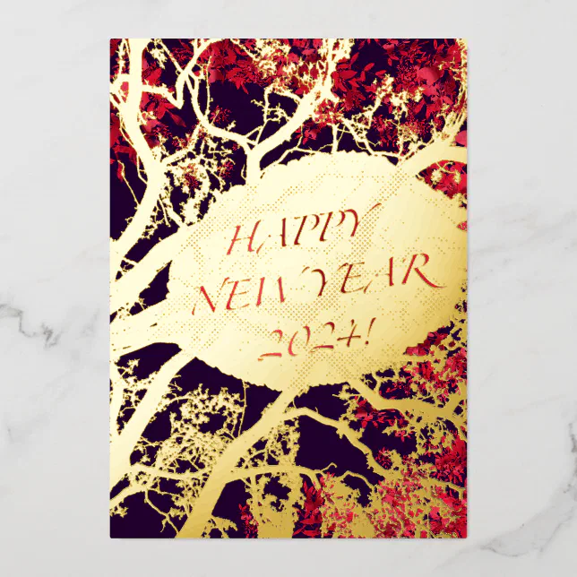 Golden Tree and leave - happy new year 2024 Foil Invitation