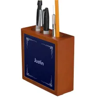 Craquelure Textured Dark Blue Name Desk Organizer