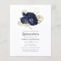 Navy Blue and Gold Vintage Rose Quinceañera Invite Flyer