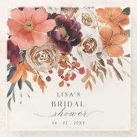 Rustic Burgundy Floral Fall Bridal Shower  Glass Coaster