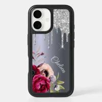 Silver Burgundy glitter drip flowers name iPhone 16 Case