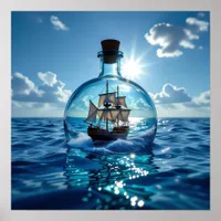 Ship in a Bottle Floating on the Ocean  Poster