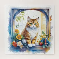 Cute Cat in Window of Flowers  Jigsaw Puzzle