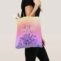 Rose gold purple florals monogram name tote bag