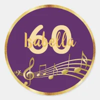 60th birthday gold music notes on elegant purple classic round sticker