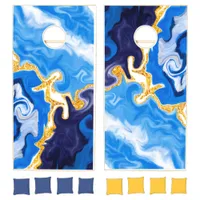 Beautiful Blue, Gold and White Swirls like Water  Cornhole Set