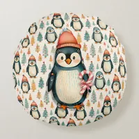  Vintage Penguin with Candy Canes Christmas Round Pillow