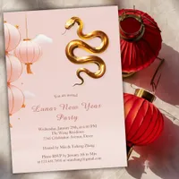 Modern Pink Gold Snake Chinese New Year Party Invitation