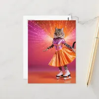 Adorable Ice Skating Cat in Pink Orange Postcard