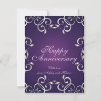 Ornate Elegant Silver And Purple Happy Anniversary Card