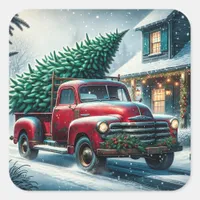 Vintage Truck with Christmas Tree Square Sticker