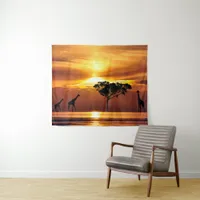 Family of Giraffes at Sunset Wall Art Tapestry