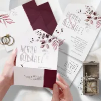 Dreamy Foliage Wedding Burgundy ID817 All In One Invitation