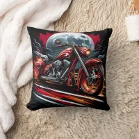 Fiery motorcycle races under a full moon throw pillow