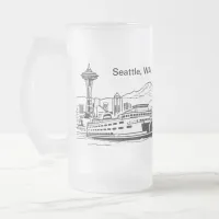 Seattle Ferry & Skyline Washington State Line Art  Frosted Glass Beer Mug