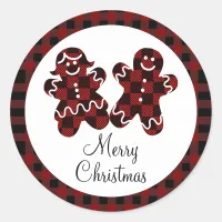 Merry Christmas Red & Black Plaid Gingerbread Classic Round Sticker