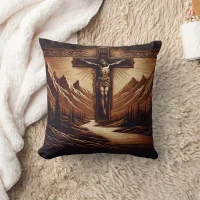 Jesus Crucified Against Majestic Mountains Throw Pillow