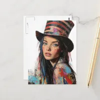 Woman in a Tophat Colorful Mixed Media Collage Postcard