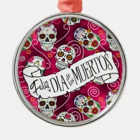 Sugar Skulls and Swirls Rose Red ID725 Metal Ornament