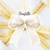 Bow beige cream name script sticker