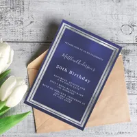 Navy blue silver birthday invitation