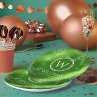 Festive Green Foil Snowflakes Monogram Name Paper Plates