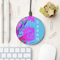 pink sunflowers tropical leaves modern floral art  wireless charger 