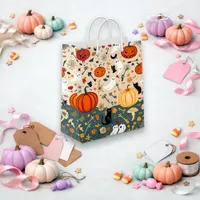 Spooky Beige Vintage Pumpkin Ghost Pattern Small Gift Bag