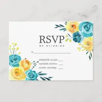 Turquoise and Yellow Floral Wedding RSVP Card